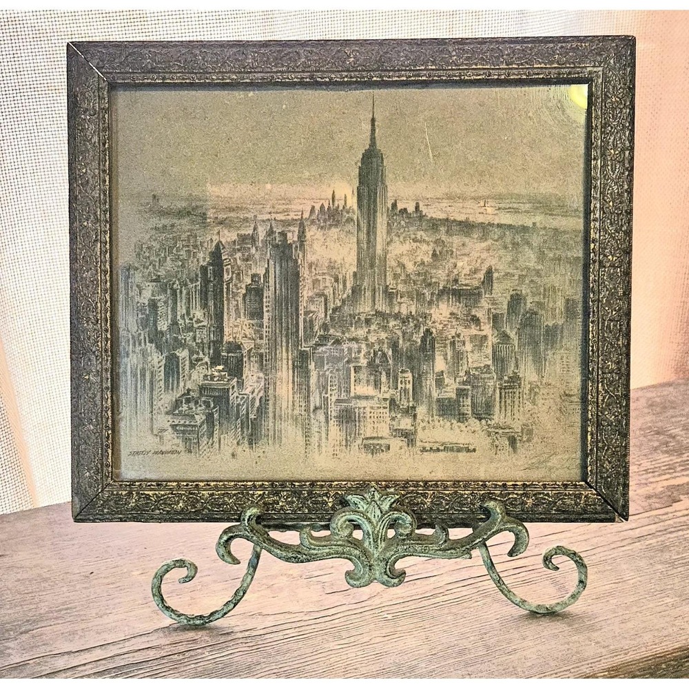 Antique "Manhattan New York" Pencil Etching Signed Framed w/Glass 15"x13"